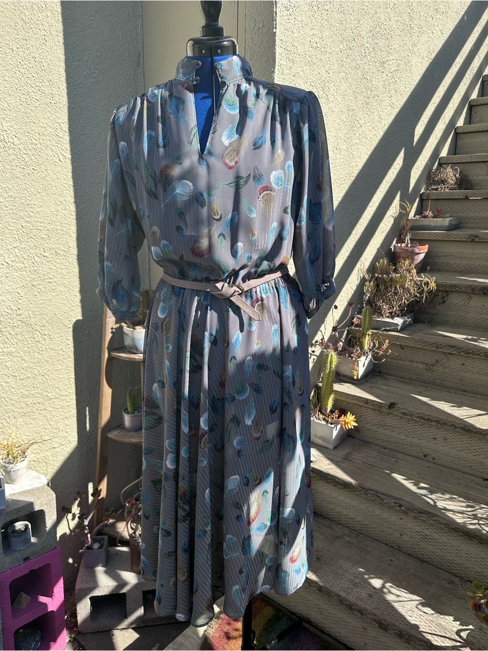 Vintage Silk Chiffon Gray Midi Dress with Silver Metallic Striped and Feathers